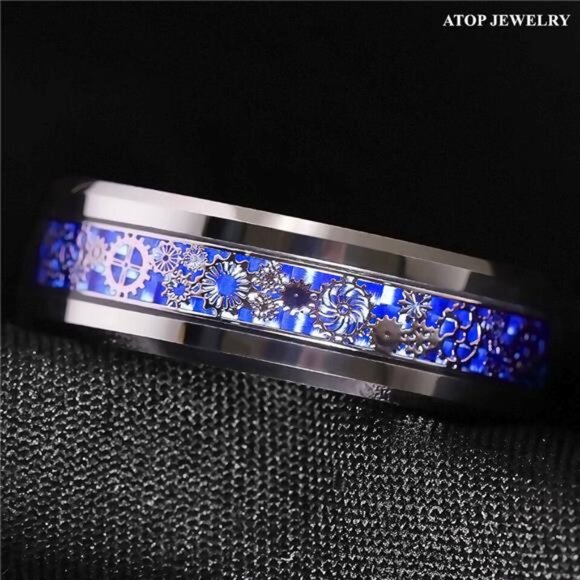 Men's Wedding Band Ring with Clockwork Gears and Blue Carbon Fiber - Picture 4 of 6